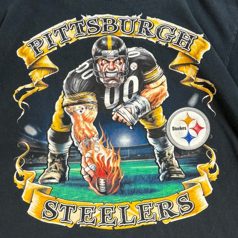 VTG NFL Pittsburgh Steelers Graphic T-Shirt Black Mens XL Football Flaming Ball